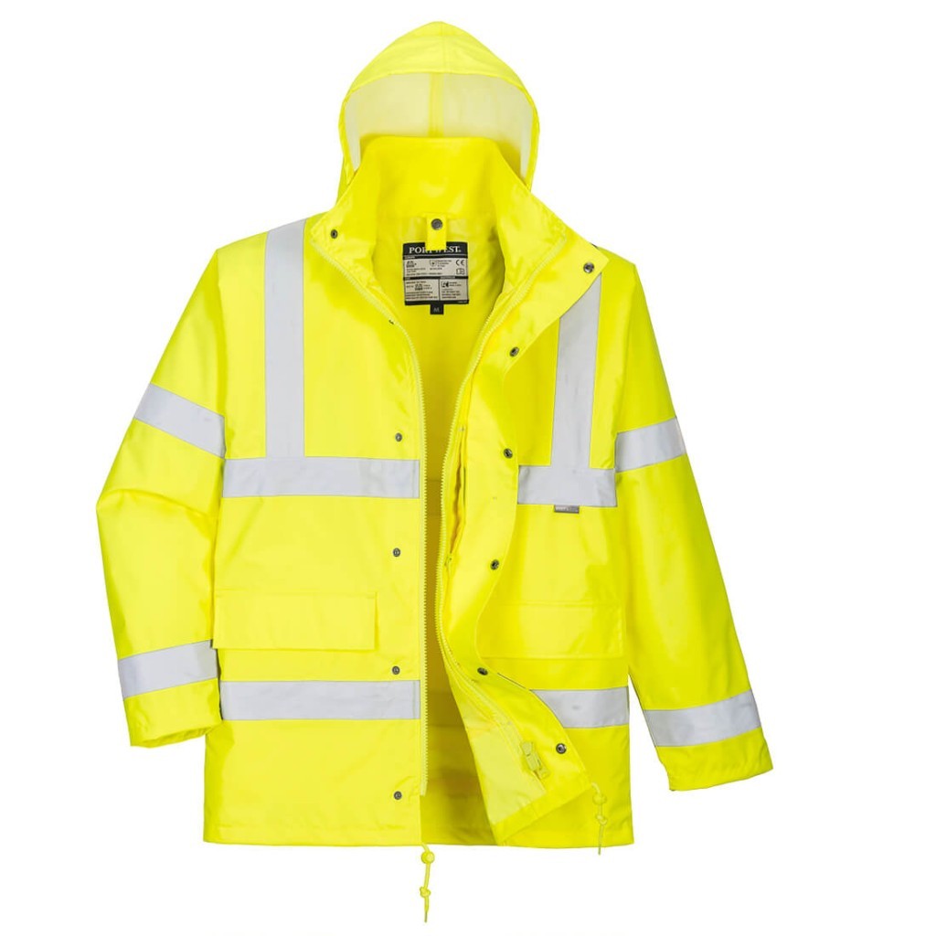 A high-visibility yellow jacket featuring retroreflective tape panels, suitable for a wide range of outdoor and site work applications.