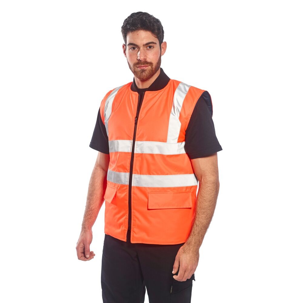 A high-visibility orange workwear garment featuring retroreflective tape panels, suitable for a wide range of outdoor and site work applications.