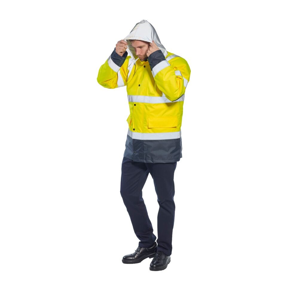 A high-visibility yellow jacket featuring retroreflective tape panels, suitable for a wide range of outdoor and site work applications.