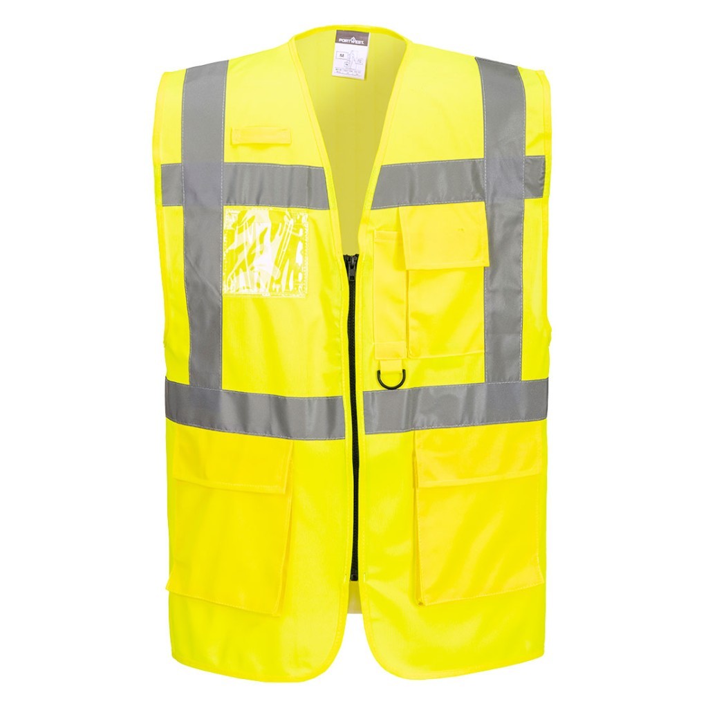 A high-visibility yellow vest featuring retroreflective tape panels, suitable for a wide range of outdoor and site work applications.