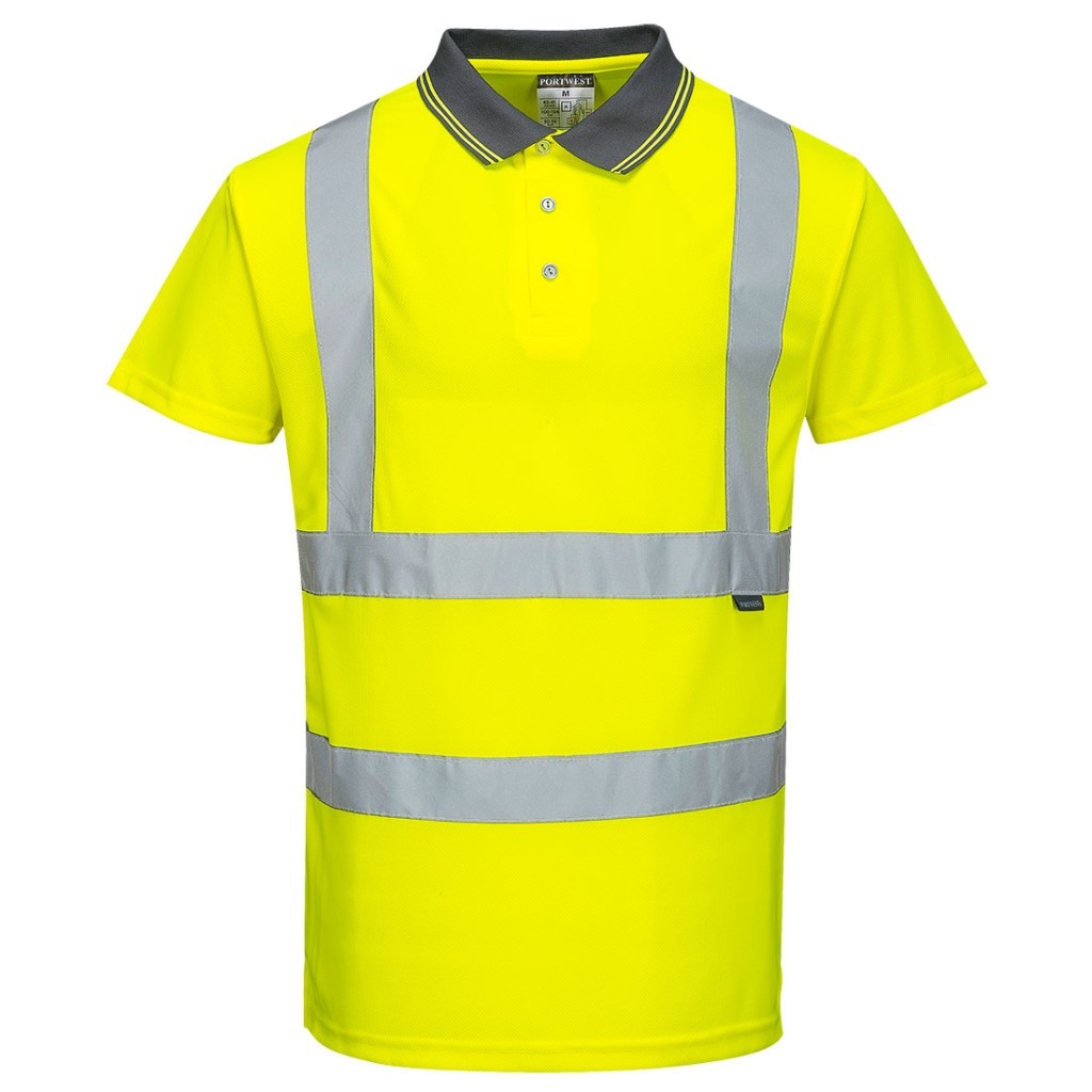 A high-visibility yellow polo shirt featuring retroreflective tape panels, suitable for a wide range of outdoor and site work applications.