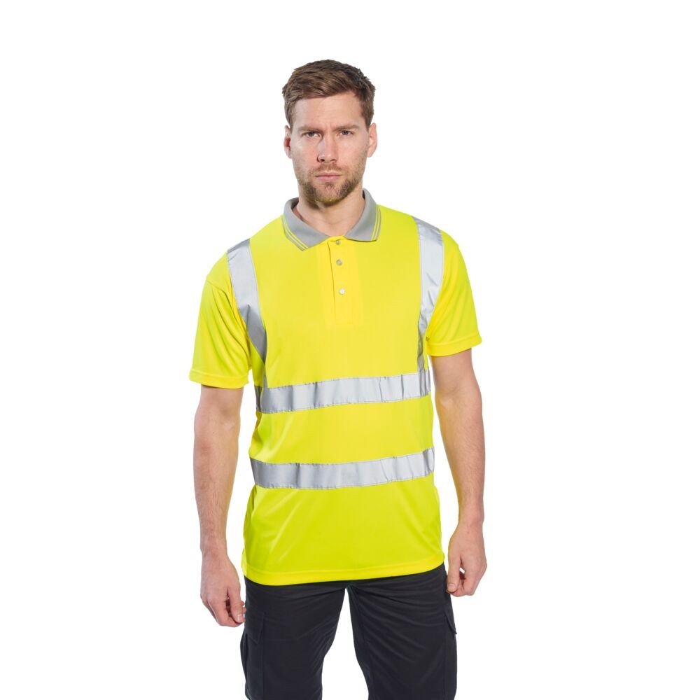 A high-visibility yellow polo shirt featuring retroreflective tape panels, suitable for a wide range of outdoor and site work applications.