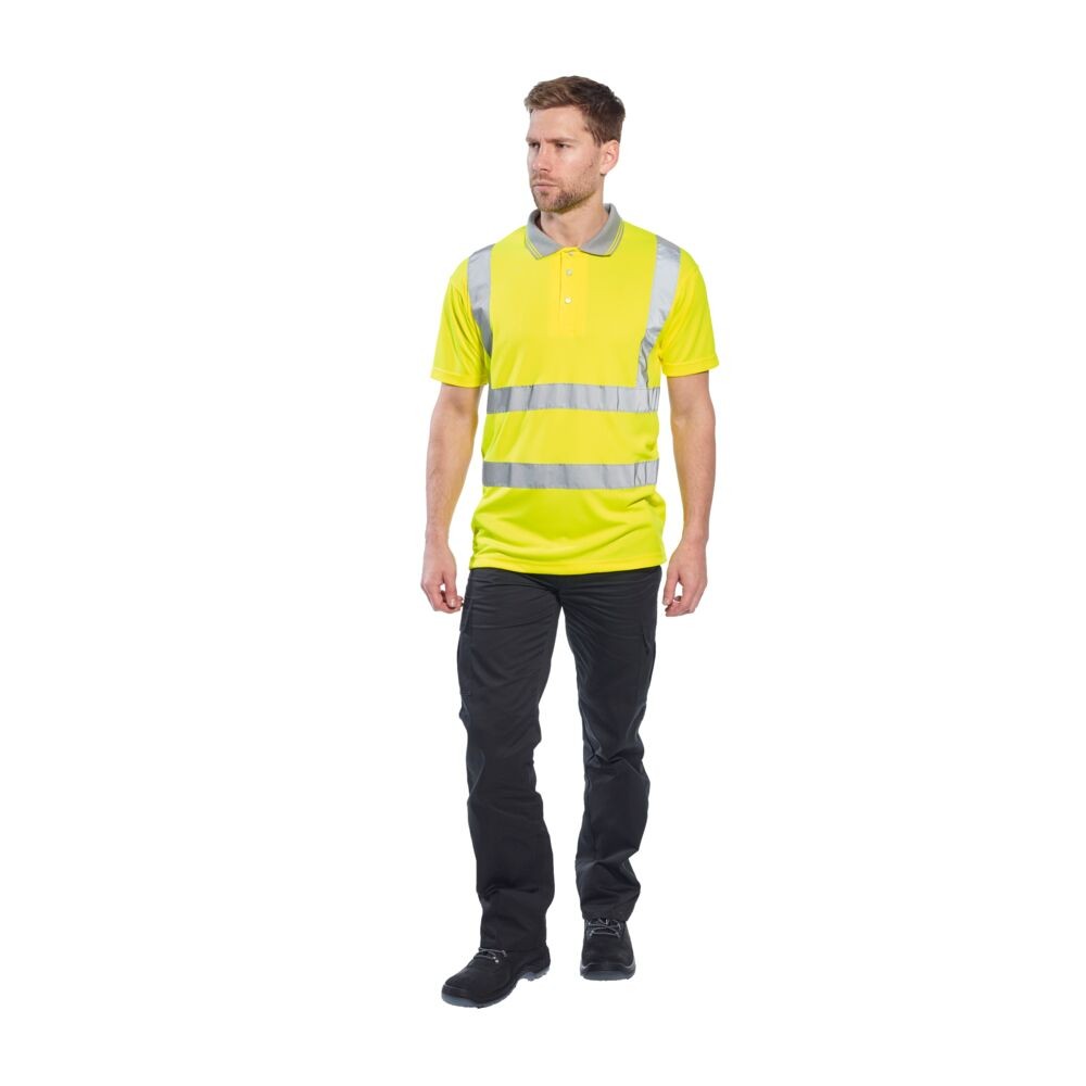 A high-visibility yellow polo shirt featuring retroreflective tape panels, suitable for a wide range of outdoor and site work applications.