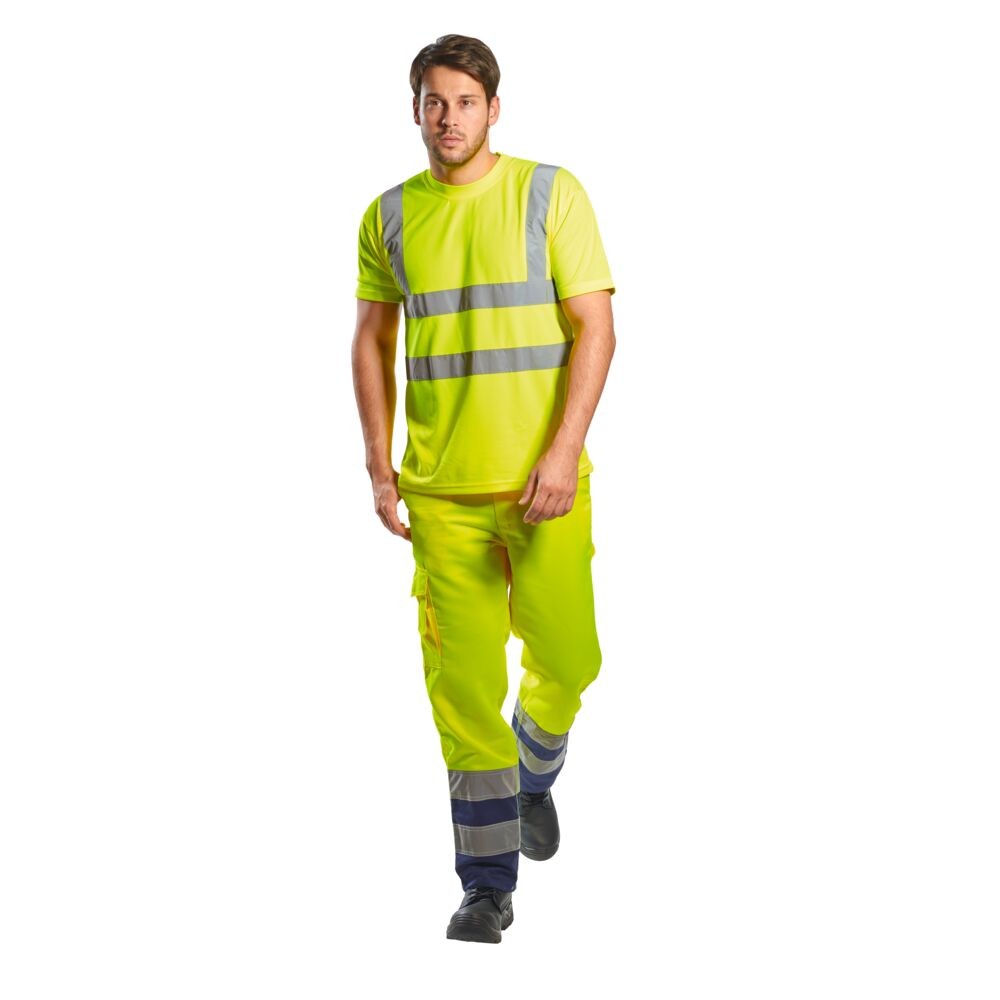 A high-visibility yellow work shirt featuring retroreflective tape panels, suitable for a wide range of outdoor and site work applications.