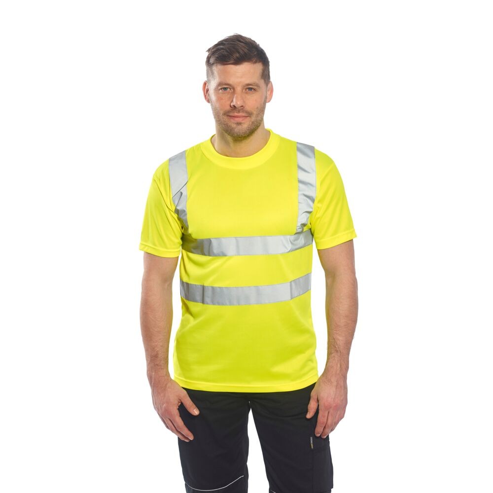 A high-visibility yellow work shirt featuring retroreflective tape panels, suitable for a wide range of outdoor and site work applications.