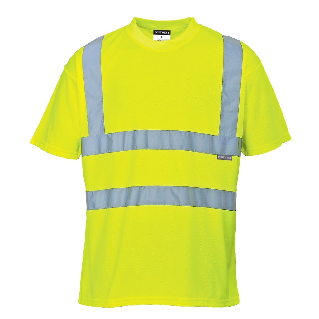 A high-visibility yellow work shirt featuring retroreflective tape panels, suitable for a wide range of outdoor and site work applications.