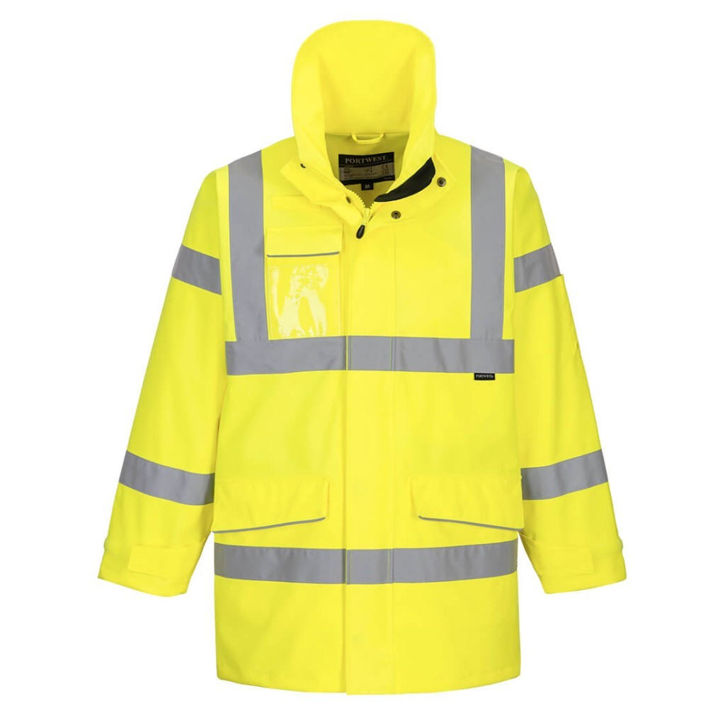 A high-visibility yellow waterproof jacket featuring retroreflective tape panels, suitable for a wide range of outdoor and site work applications.