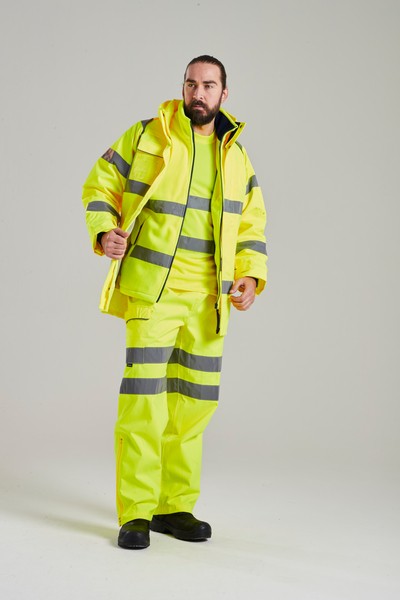 A high-visibility yellow waterproof jacket featuring retroreflective tape panels, suitable for a wide range of outdoor and site work applications.