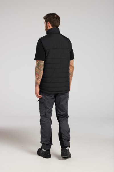 A black safety vest featuring a warm thermal lining, suitable for a wide range of outdoor and site work applications.