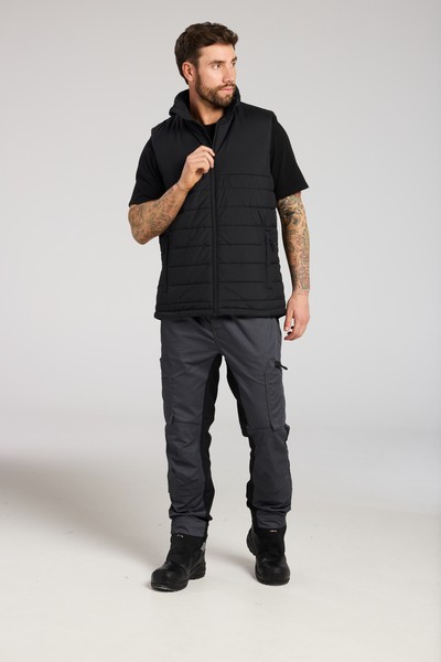 A black safety vest featuring a warm thermal lining, suitable for a wide range of outdoor and site work applications.