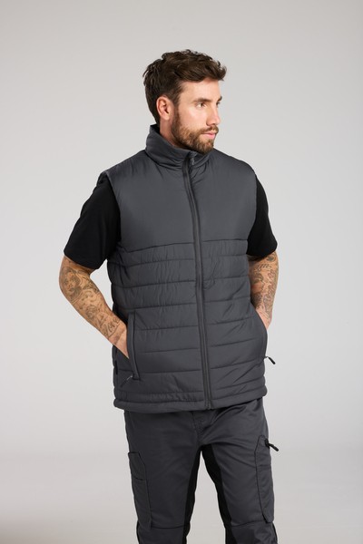 A grey safety vest featuring a warm thermal lining, suitable for a wide range of outdoor and site work applications.