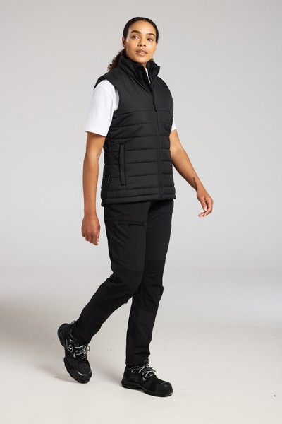 A women's black safety vest featuring a warm thermal lining, suitable for a wide range of outdoor and site work applications.