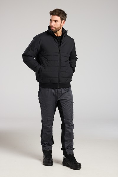 A black padded jacket featuring a warm thermal lining, suitable for a wide range of outdoor and site work applications.