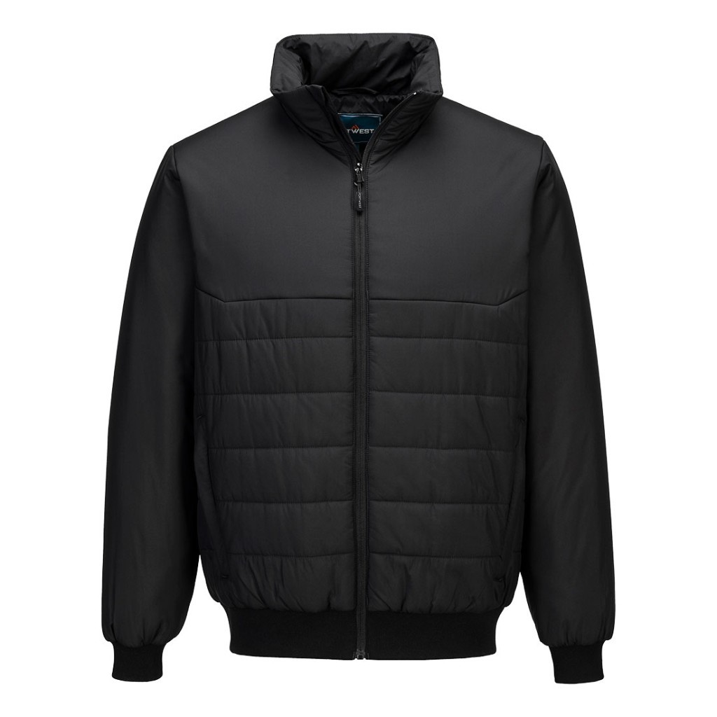 A black padded jacket featuring a warm thermal lining, suitable for a wide range of outdoor and site work applications.