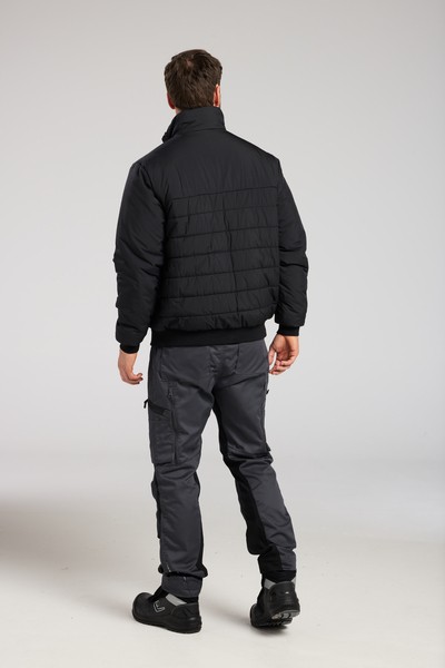 A black padded jacket featuring a warm thermal lining, suitable for a wide range of outdoor and site work applications.