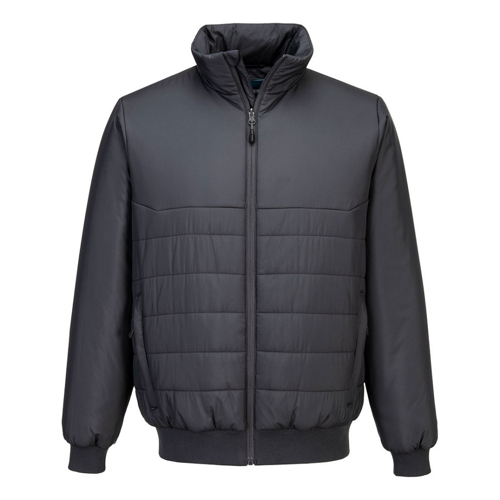 A grey padded jacket featuring a warm thermal lining, suitable for a wide range of outdoor and site work applications.