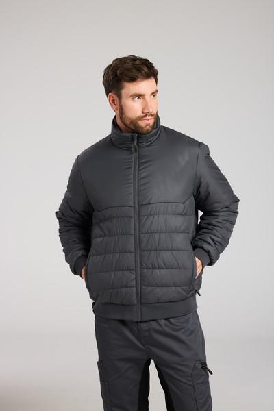 A grey padded jacket featuring a warm thermal lining, suitable for a wide range of outdoor and site work applications.