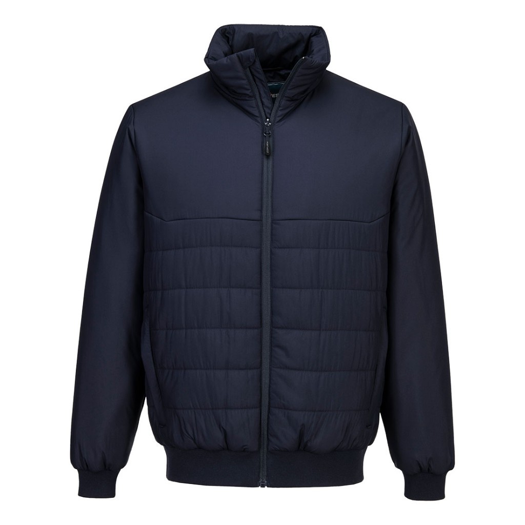 A navy blue padded jacket featuring a warm thermal lining, suitable for a wide range of outdoor and site work applications.