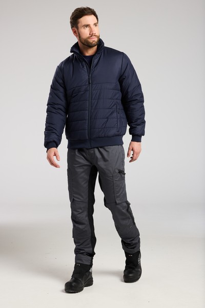 A navy blue padded jacket featuring a warm thermal lining, suitable for a wide range of outdoor and site work applications.