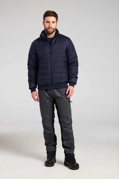 A navy blue padded jacket featuring a warm thermal lining, suitable for a wide range of outdoor and site work applications.