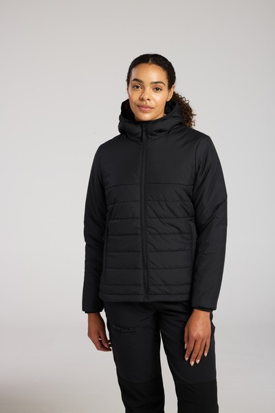 A women's black padded jacket featuring a warm thermal lining, suitable for a wide range of outdoor and site work applications.