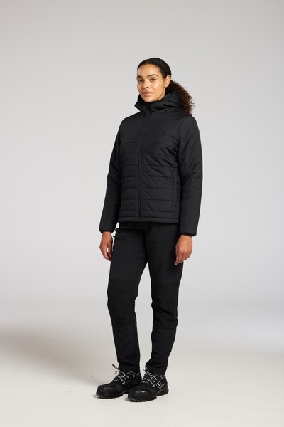 A women's black padded jacket featuring a warm thermal lining, suitable for a wide range of outdoor and site work applications.