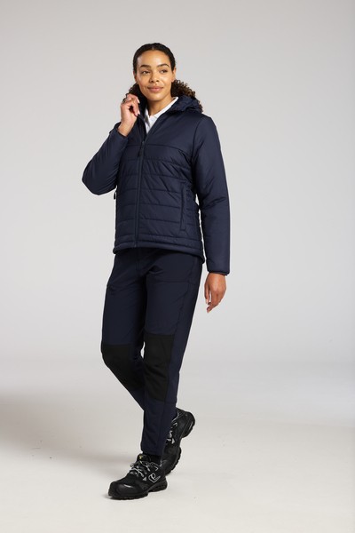 A women's navy blue padded jacket featuring a warm thermal lining, suitable for a wide range of outdoor and site work applications.