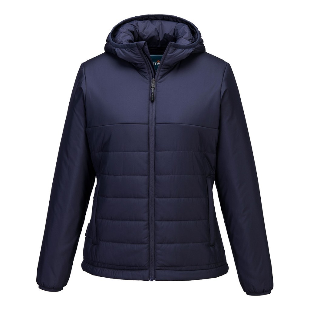A women's navy blue padded jacket featuring a warm thermal lining, suitable for a wide range of outdoor and site work applications.