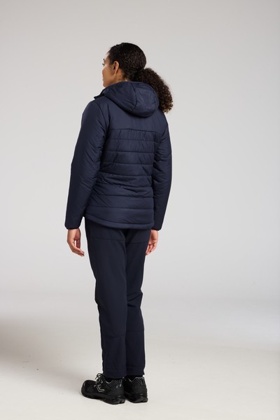 A women's navy blue padded jacket featuring a warm thermal lining, suitable for a wide range of outdoor and site work applications.