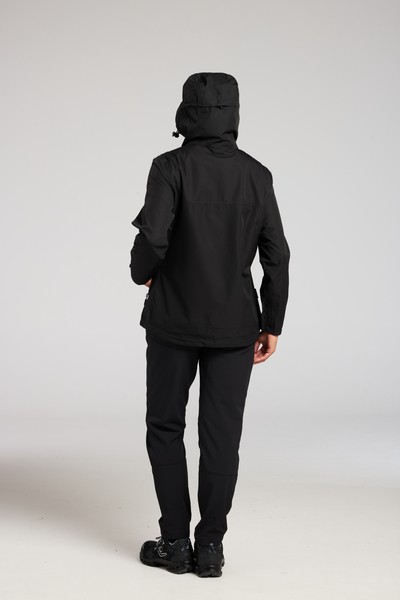 A women's black waterproof jacket designed for use on construction sites and in industrial work environments.,
