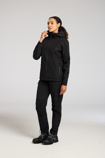A women's black waterproof jacket designed for use on construction sites and in industrial work environments.,