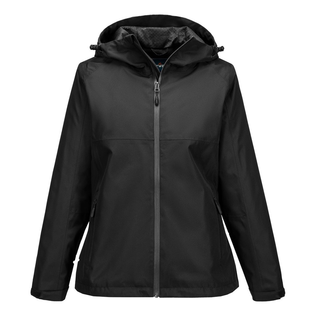 A women's black waterproof jacket designed for use on construction sites and in industrial work environments.,