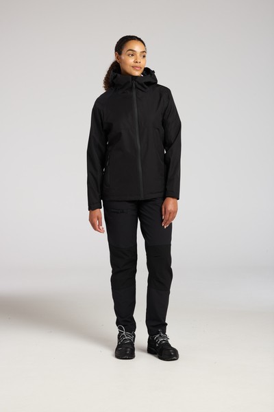 A women's black waterproof jacket designed for use on construction sites and in industrial work environments.,