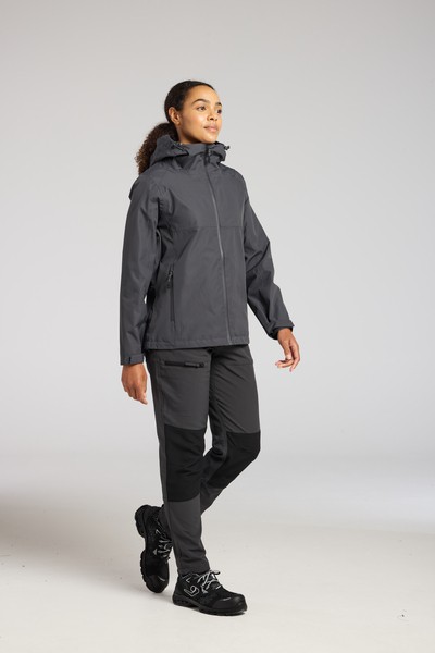 A women's grey waterproof jacket designed for use on construction sites and in industrial work environments.,