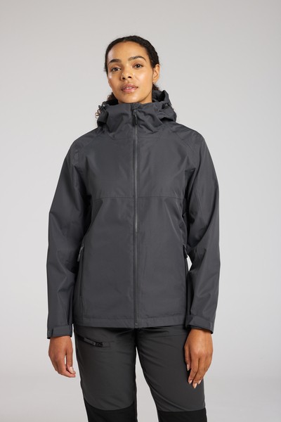 A women's grey waterproof jacket designed for use on construction sites and in industrial work environments.,