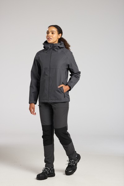 A women's grey waterproof jacket designed for use on construction sites and in industrial work environments.,