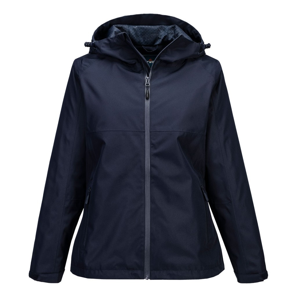 A women's navy blue waterproof jacket designed for use on construction sites and in industrial work environments.,