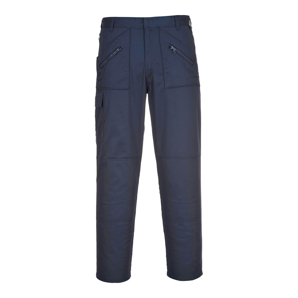 A pair of navy blue work trousers designed for use on construction sites and in industrial work environments.,