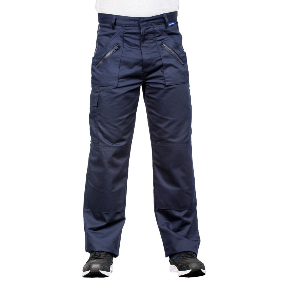 A pair of navy blue work trousers designed for use on construction sites and in industrial work environments.,