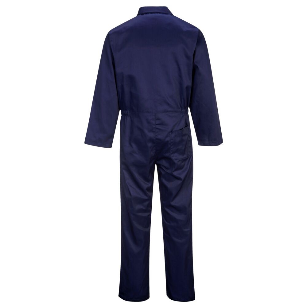 A navy blue coverall designed for use on construction sites and in industrial work environments.,