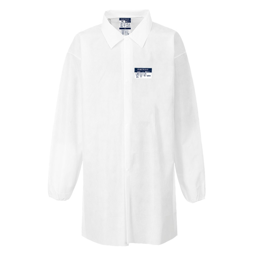 A white jacket designed for use on construction sites and in industrial work environments.,