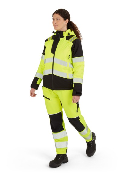 A women's high-visibility yellow jacket featuring retroreflective tape panels, suitable for a wide range of outdoor and site work applications.