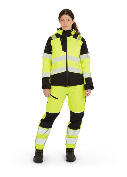 A women's high-visibility yellow jacket featuring retroreflective tape panels, suitable for a wide range of outdoor and site work applications.
