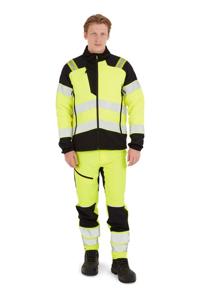 A high-visibility yellow jacket featuring retroreflective tape panels, suitable for a wide range of outdoor and site work applications.
