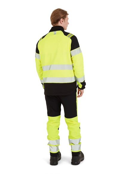 A high-visibility yellow jacket featuring retroreflective tape panels, suitable for a wide range of outdoor and site work applications.