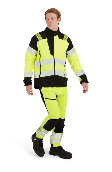 A high-visibility yellow jacket featuring retroreflective tape panels, suitable for a wide range of outdoor and site work applications.