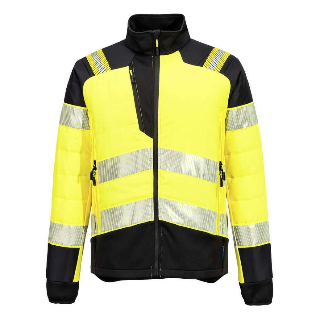A high-visibility yellow jacket featuring retroreflective tape panels, suitable for a wide range of outdoor and site work applications.