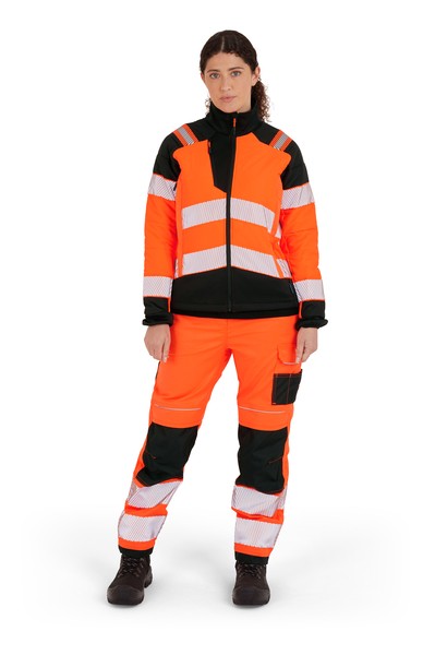 A women's high-visibility orange jacket featuring retroreflective tape panels, suitable for a wide range of outdoor and site work applications.