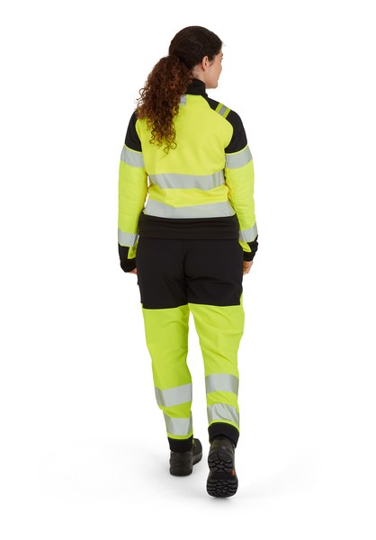 A women's high-visibility yellow jacket featuring retroreflective tape panels, suitable for a wide range of outdoor and site work applications.