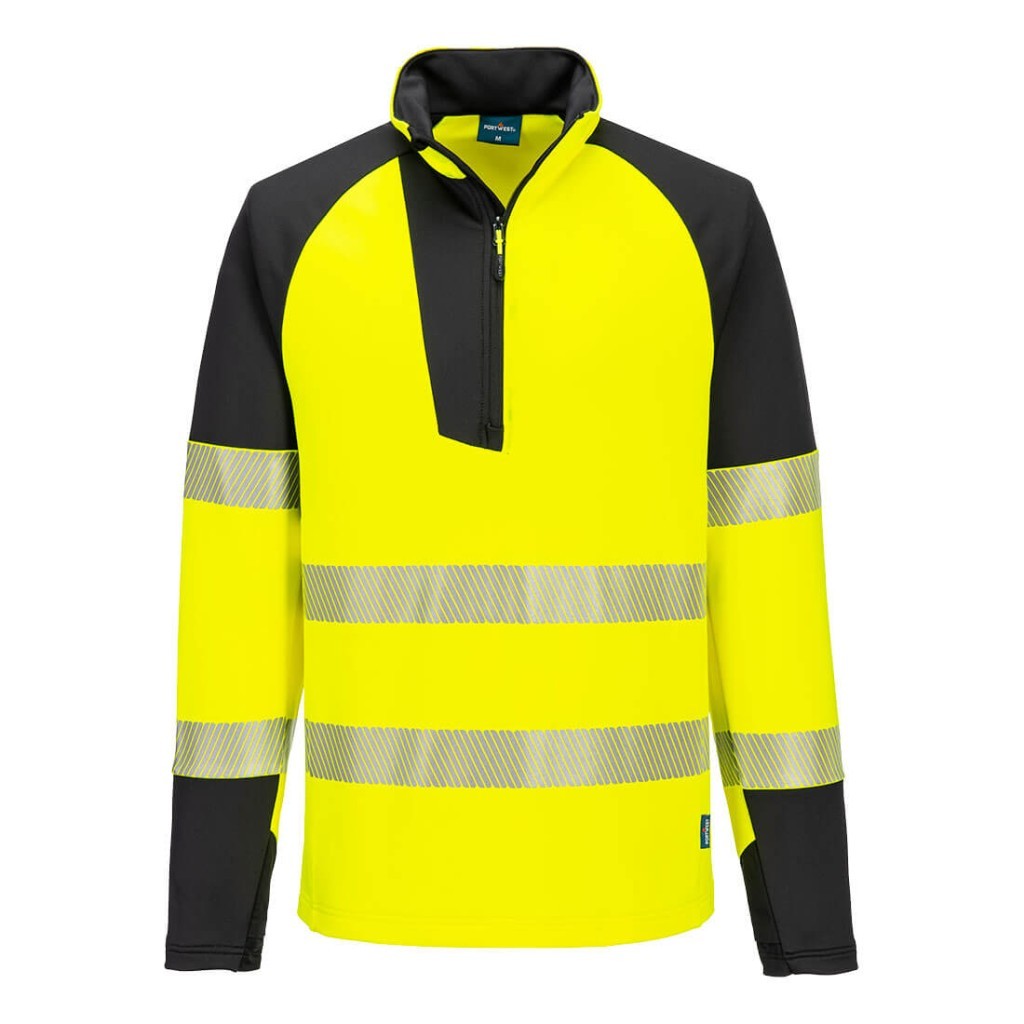 A high-visibility yellow work shirt featuring retroreflective tape panels, a full-length zip front, suitable for a wide range of outdoor and site work applications.